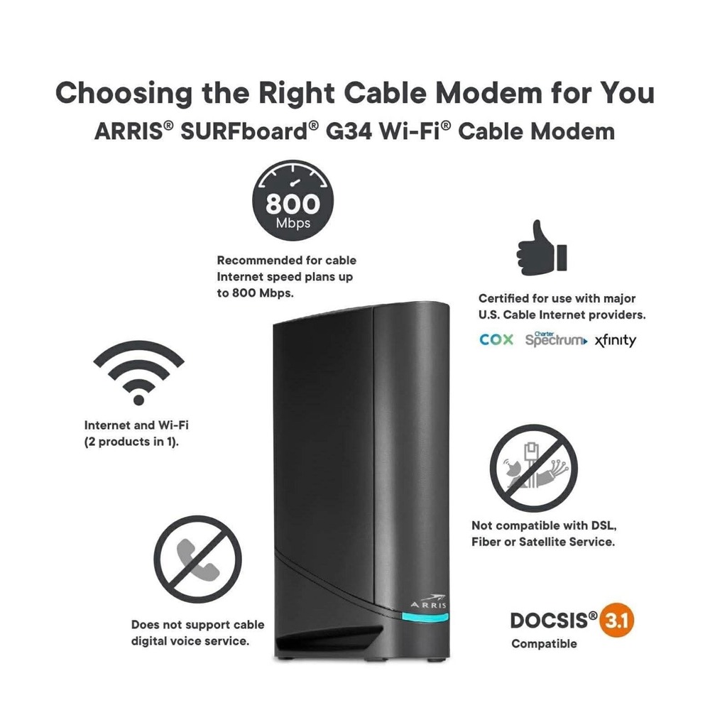 ARRIS SURFboard G34 DOCSIS 3.1 AX3000 Wi-Fi Cable Modem Router 4Gbps 4 Ports - Picture 7 of 10